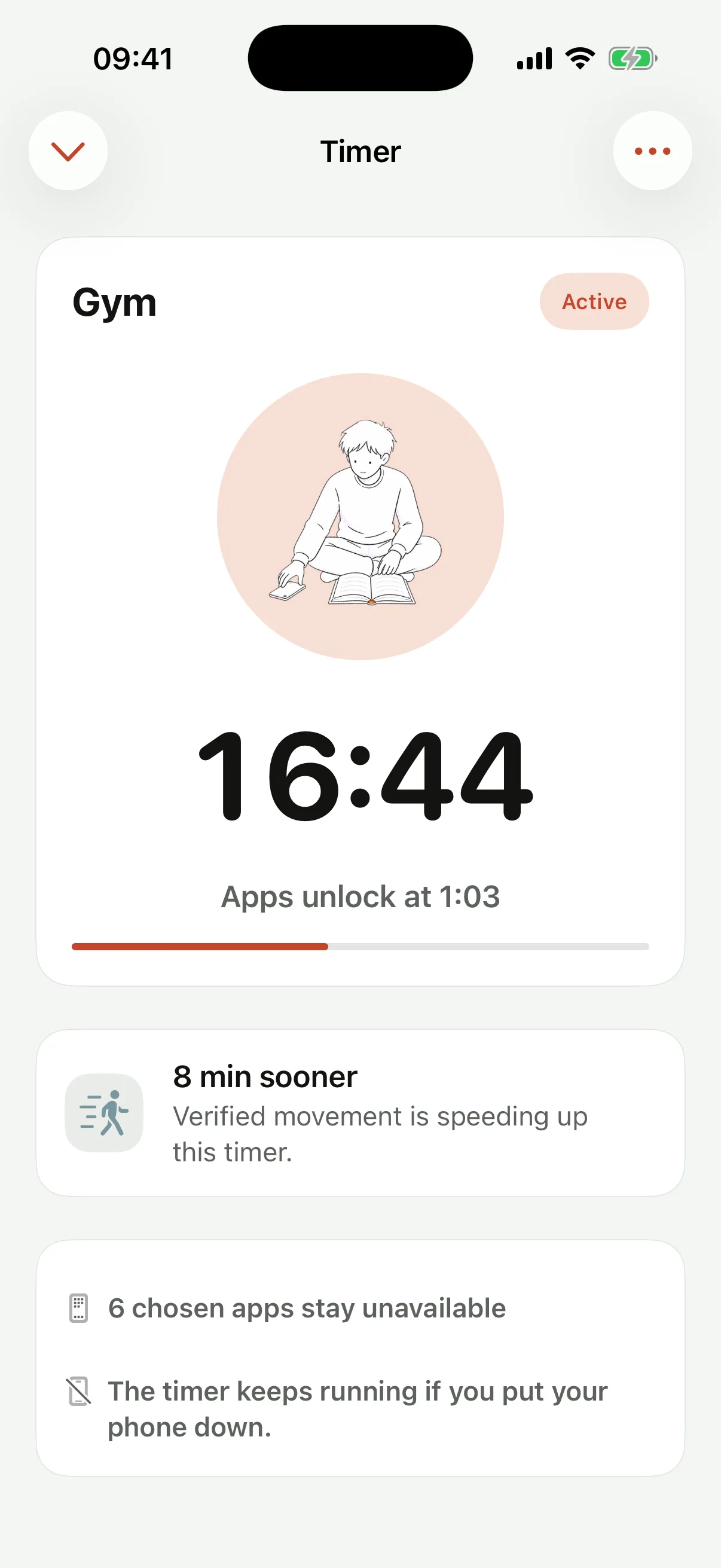 An active Gym commitment showing time remaining and verified movement finishing it sooner