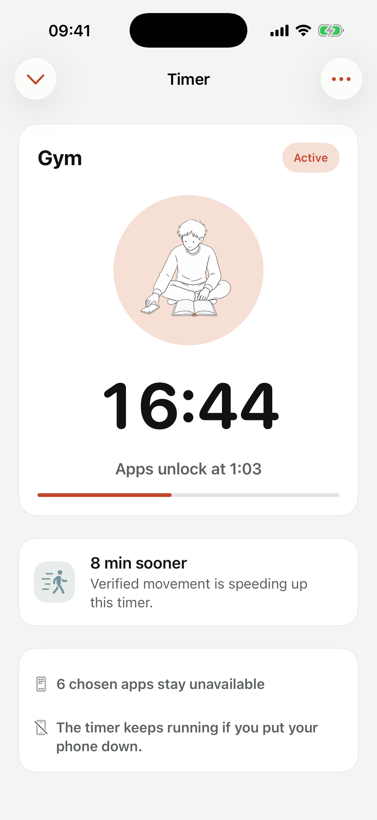 An active Awke plan showing when chosen apps unlock and how verified movement can shorten the time