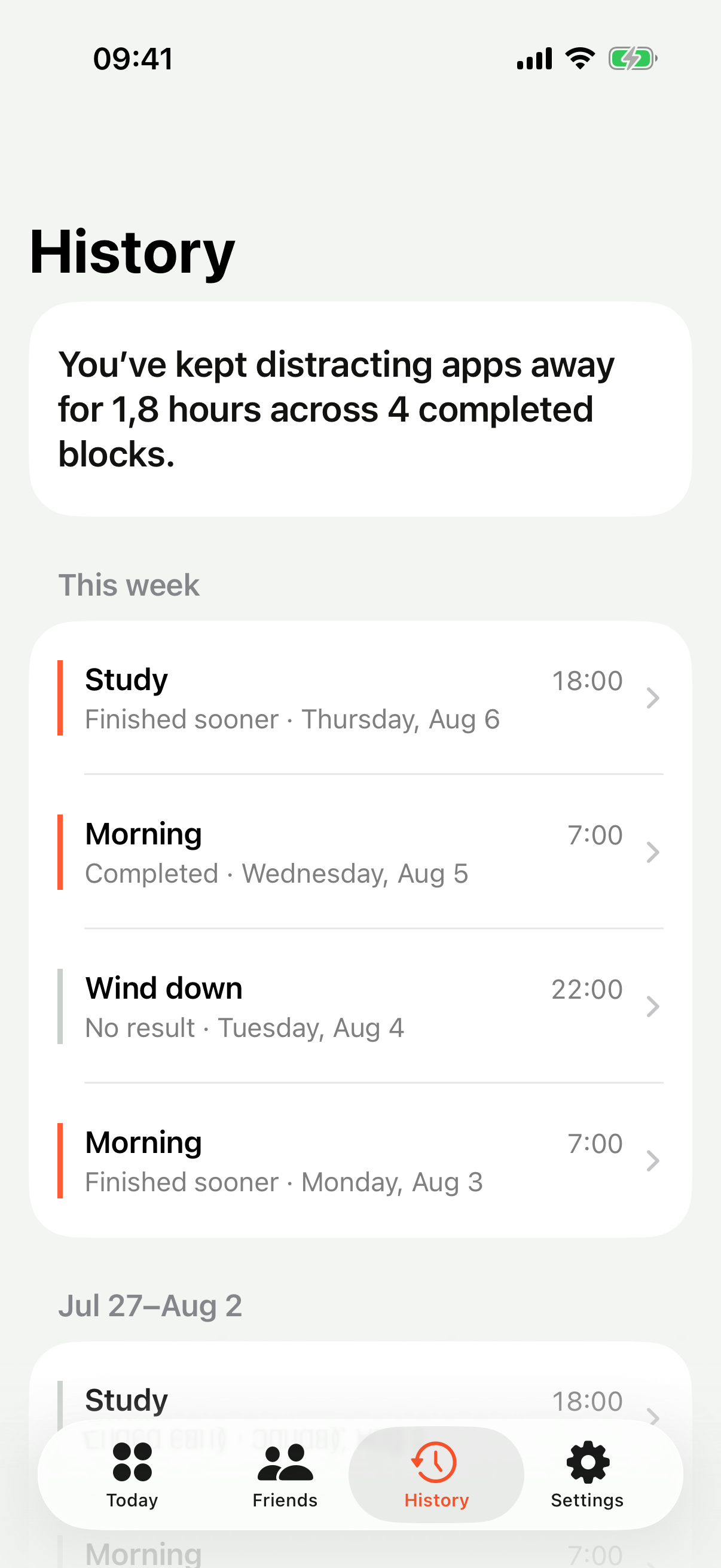 Awke History grouped by date with finished and no-result commitments